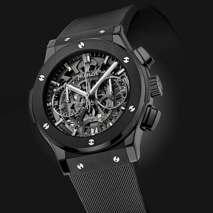 Hublot Black Skeleton Chronograph Automatic Watch for Men | Luxury Swiss Style Rubber Strap Watch