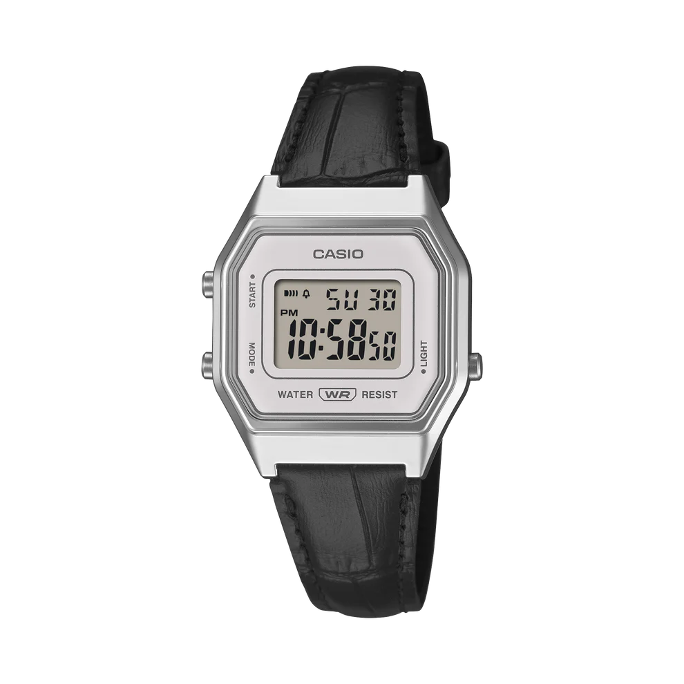 Casio Vintage Silver Digital Watch with Black Leather Strap