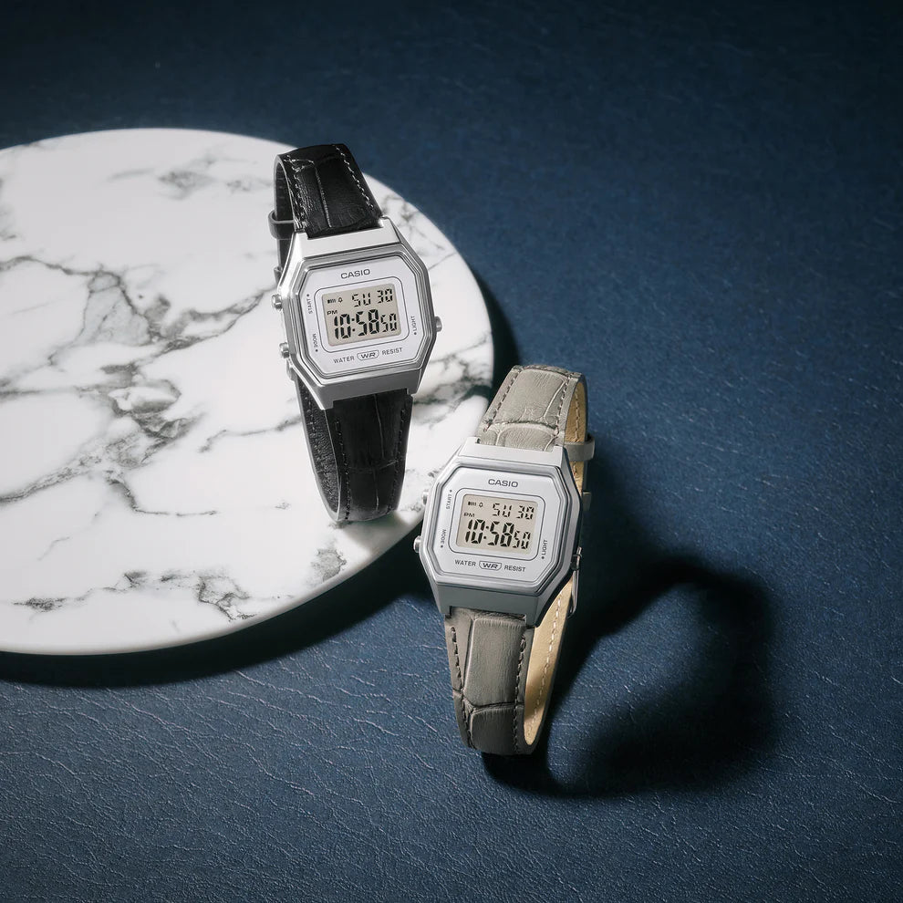 Casio Vintage Silver Digital Watch with Black Leather Strap