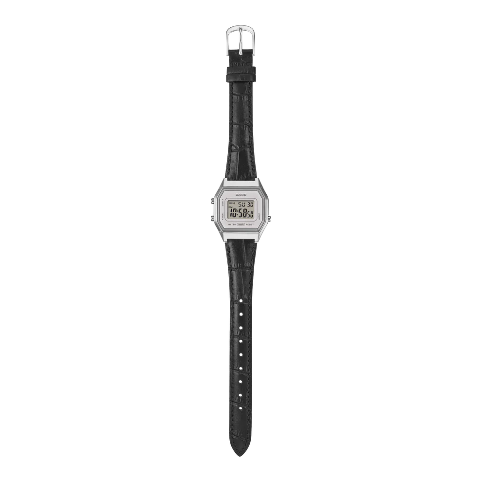 Casio Vintage Silver Digital Watch with Black Leather Strap