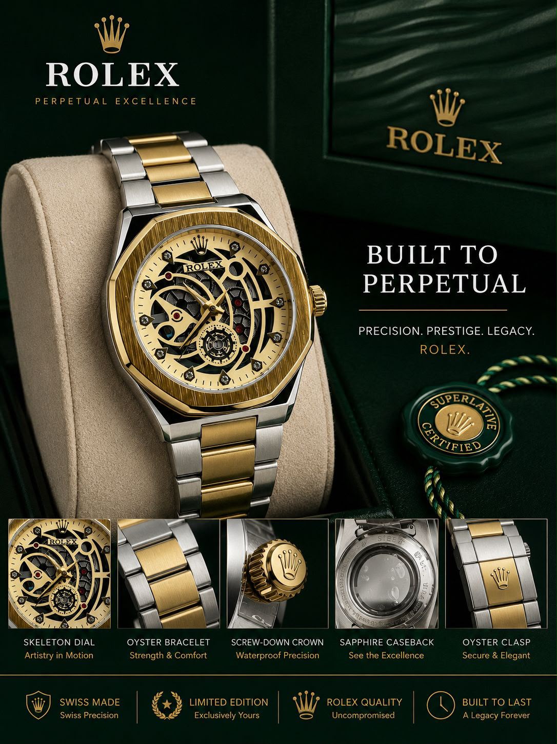 Luxury Gold & Silver Skeleton Dial Men's Watch