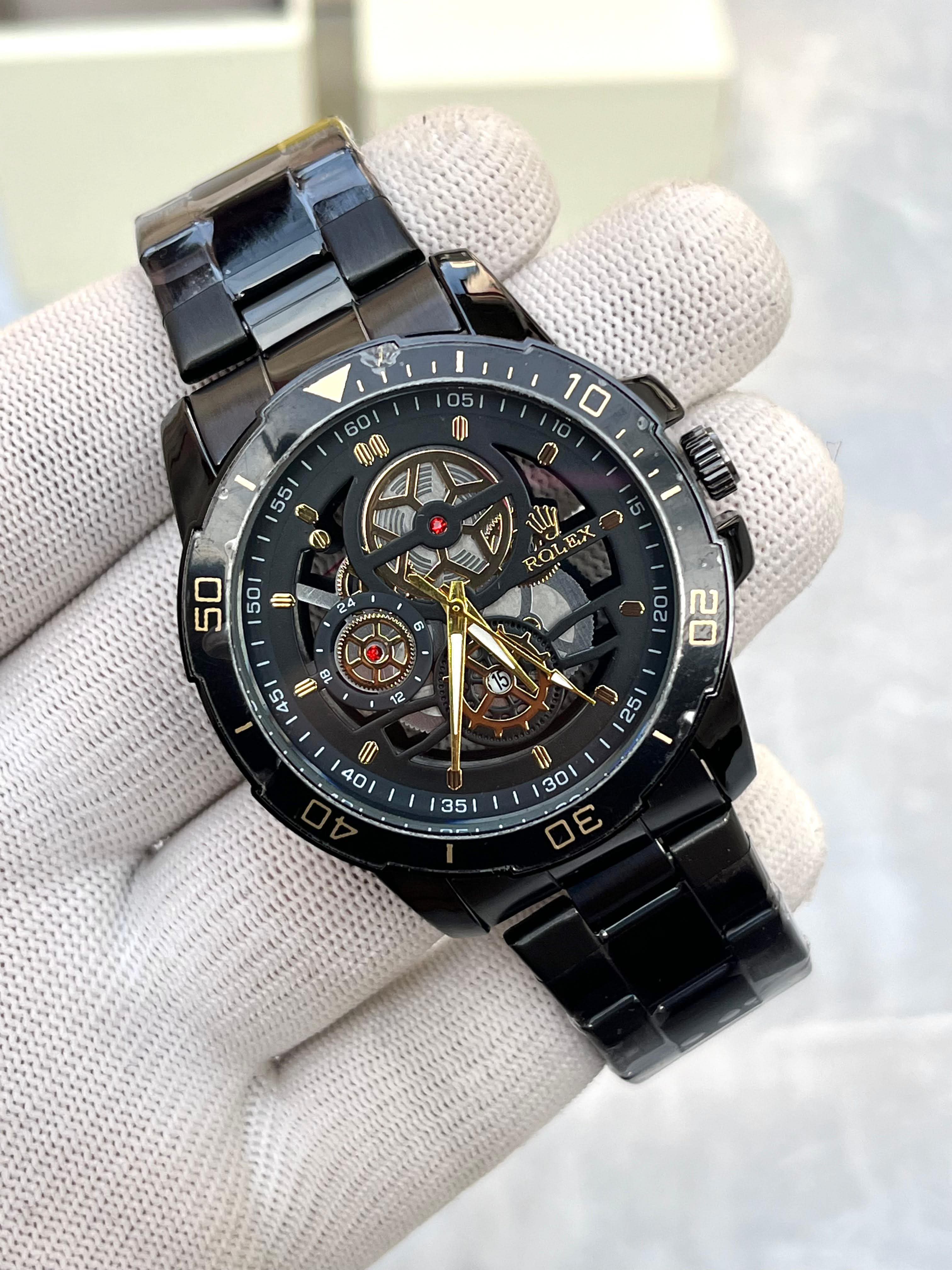 Rolex Black Skeleton Dial Luxury Watch with Stainless Steel Bracelet