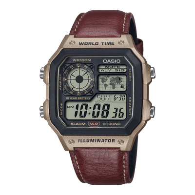 Casio World Time Digital Leather Strap Watch