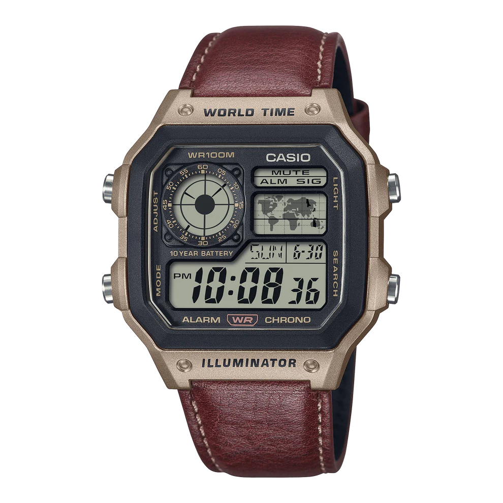 Casio World Time Digital Leather Strap Watch