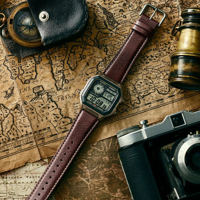 Casio World Time Digital Leather Strap Watch
