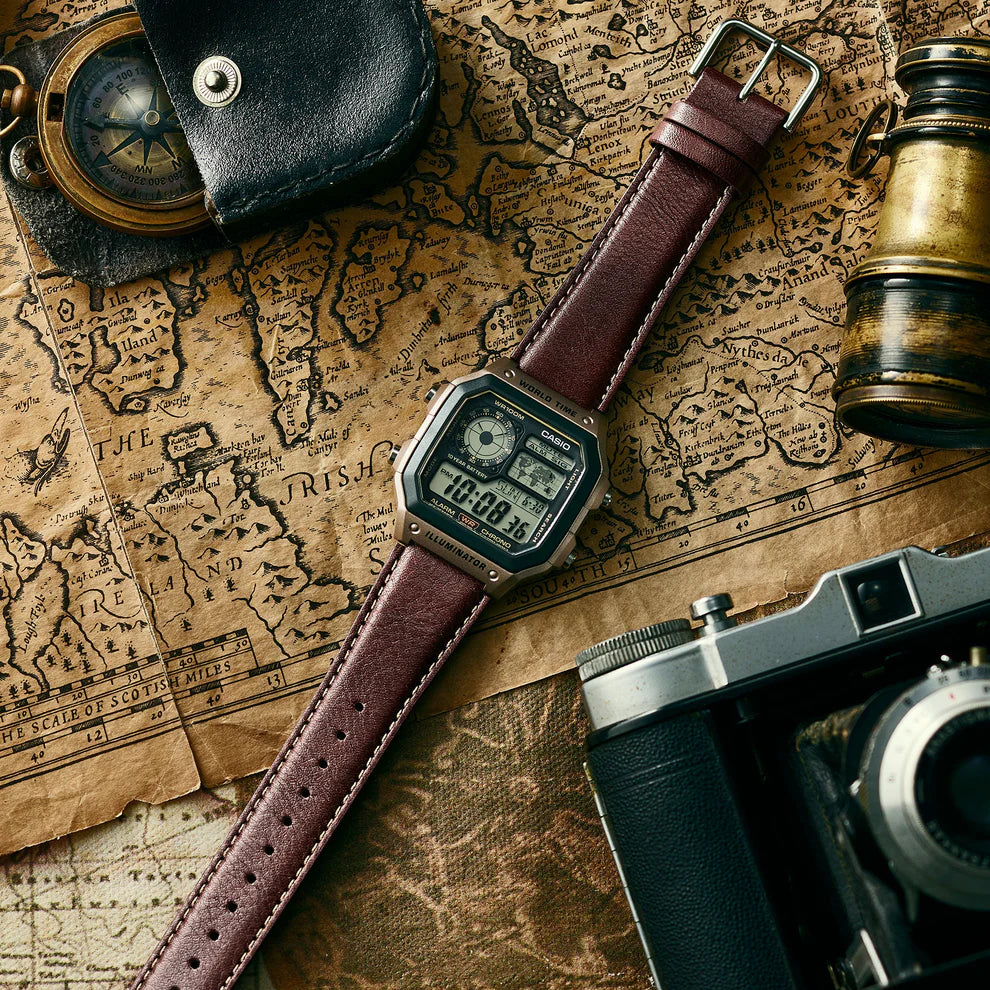 Casio World Time Digital Leather Strap Watch