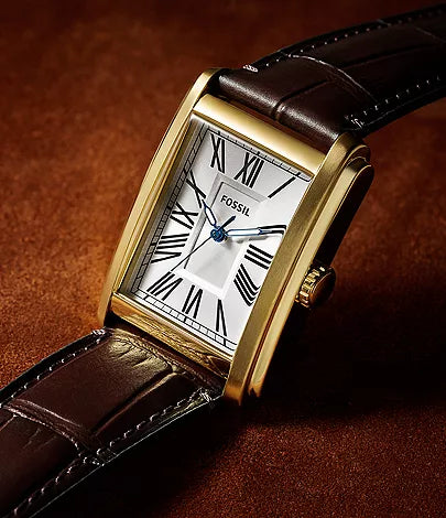 Fossil Gold Tone Rectangular Dial Brown Leather Men’s Watch