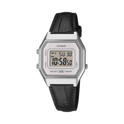 Casio Vintage Silver Digital Watch with Black Leather Strap