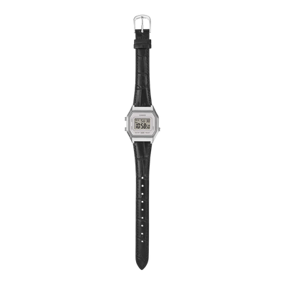 Casio Vintage Silver Digital Watch with Black Leather Strap