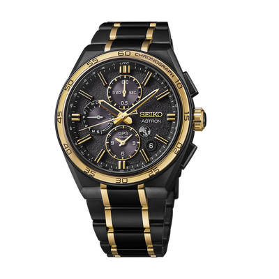 Seiko Astron GPS Solar Chronograph Black & Gold Men’s Watch Titanium Bracelet