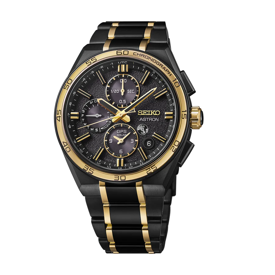 Seiko Astron GPS Solar Chronograph Black & Gold Men’s Watch Titanium Bracelet