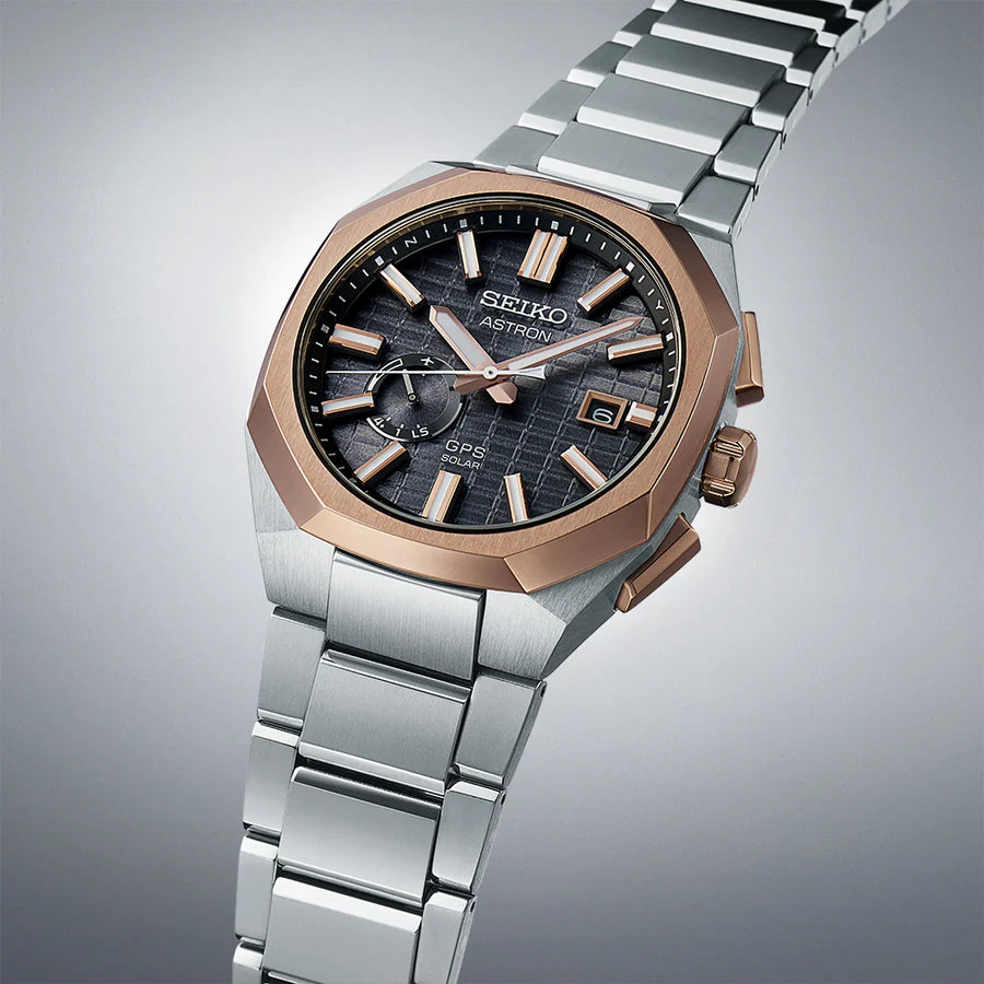 Seiko Astron GPS Solar Men’s Watch Titanium Bracelet Black Dial Rose Gold Bezel