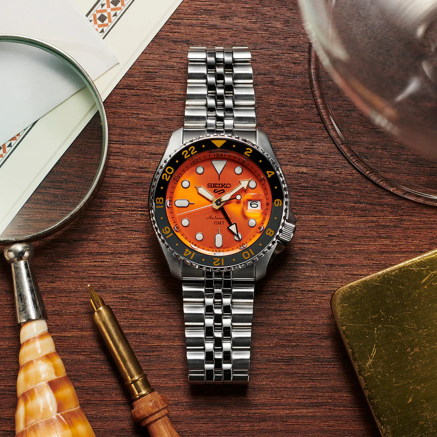 Seiko 5 Sports GMT Orange Dial Automatic Men’s Watch Stainless Steel Bracelet