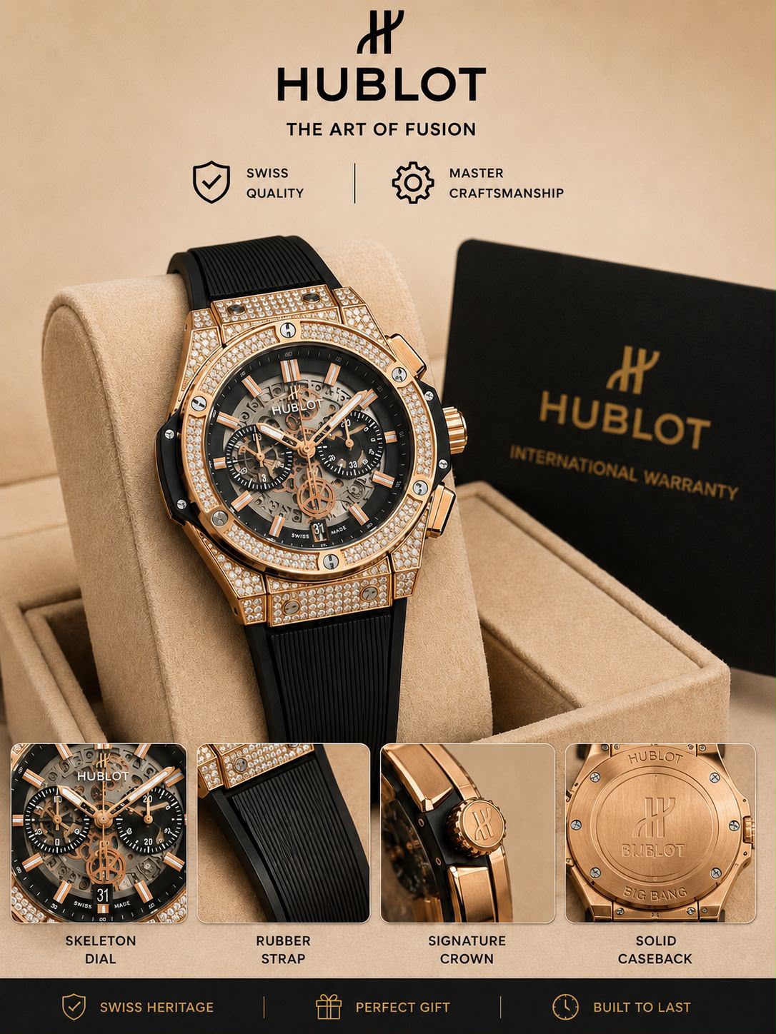 Hublot Rose Gold Skeleton Diamond Luxury Watch for Men