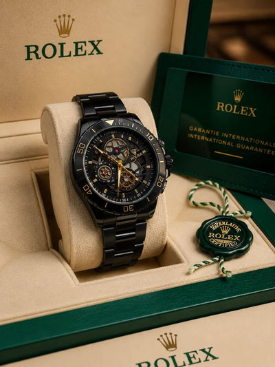 Rolex Black Skeleton Dial Luxury Watch with Stainless Steel Bracelet