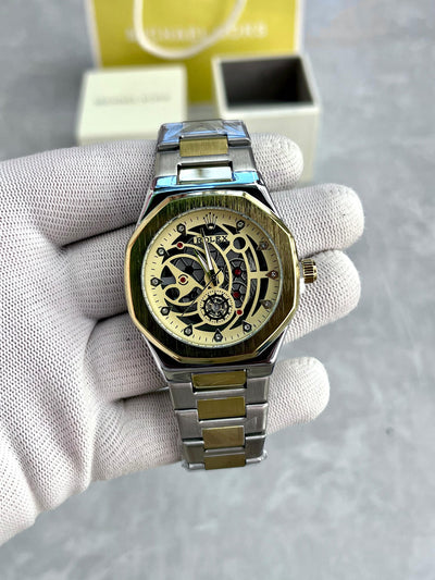 Luxury Gold & Silver Skeleton Dial Men's Watch