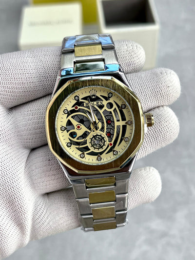 Luxury Gold & Silver Skeleton Dial Men's Watch