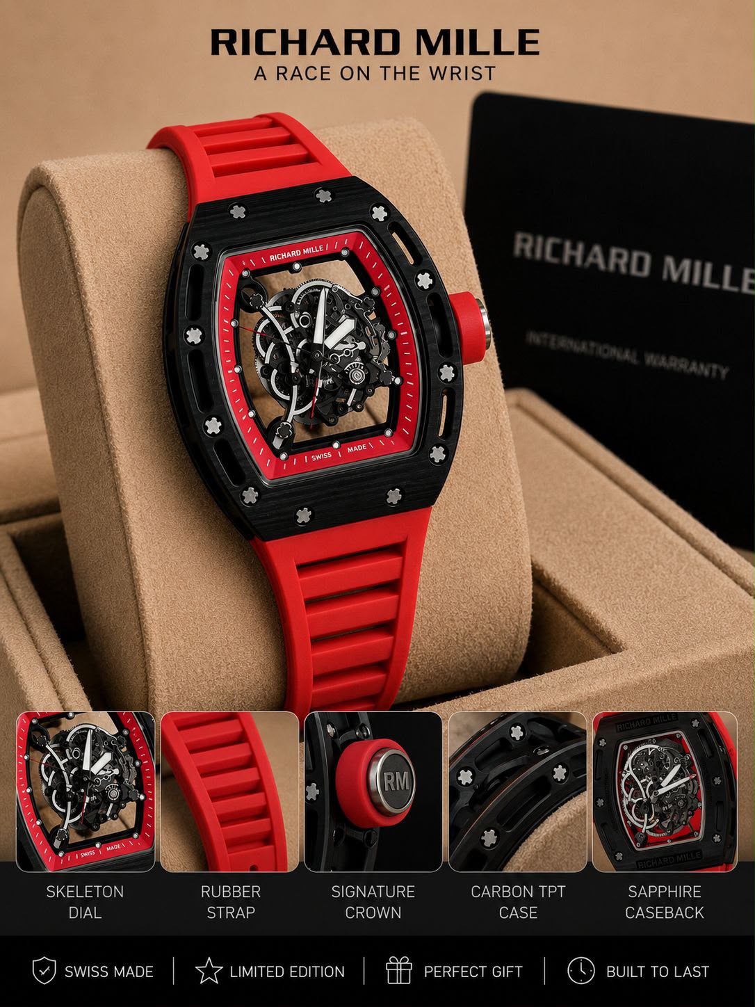 Luxury Richard Mille Inspired Skeleton Dial Men's Watch