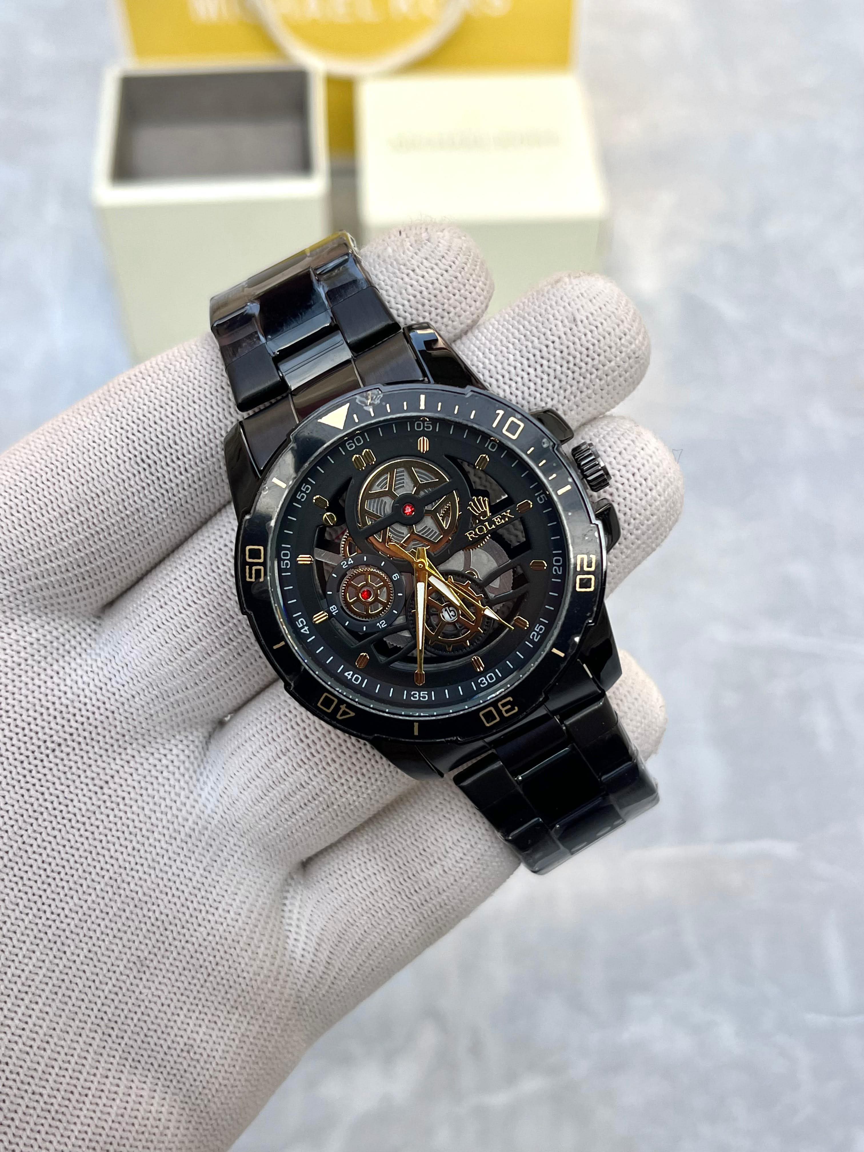 Rolex Black Skeleton Dial Luxury Watch with Stainless Steel Bracelet