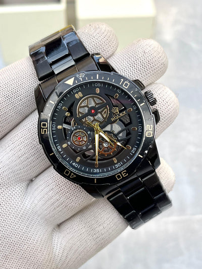 Rolex Black Skeleton Dial Luxury Watch with Stainless Steel Bracelet