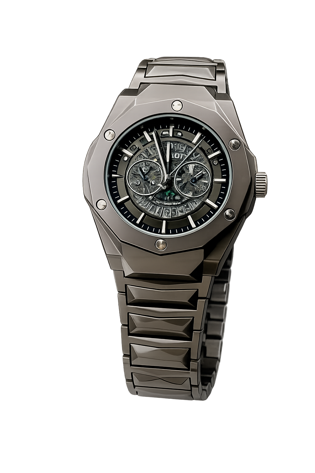 Hublot Black Dial Diamond Cut Timepiece With Date Metal Belt Men's Watch